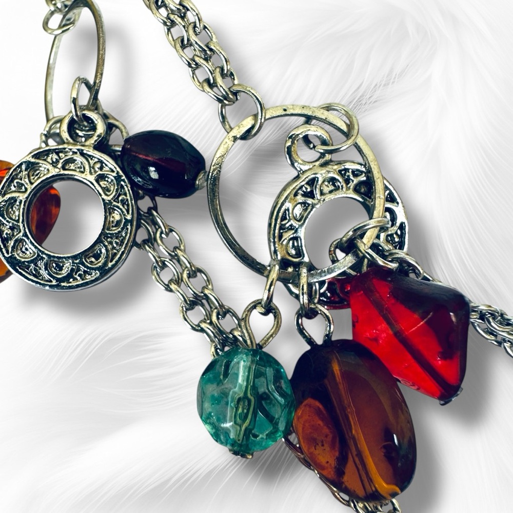 Chico's Red, Green, Purple and Silver Tone Necklace with Glass Beads and Charms - Picture 4 of 6